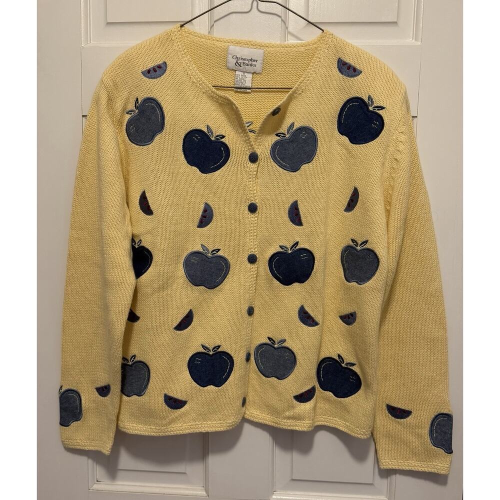 Vintage Y2K 2001 Apple Cardigan Ramie Cotton Fruit Cottagecore Yellow S
